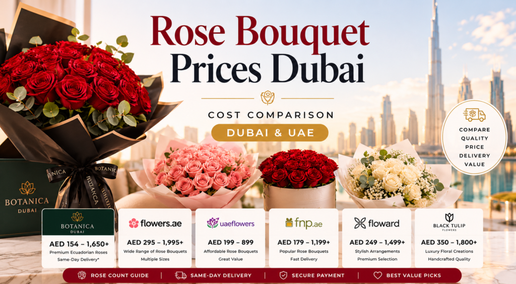 rose bouquet prices Dubai cost comparison with premium red roses